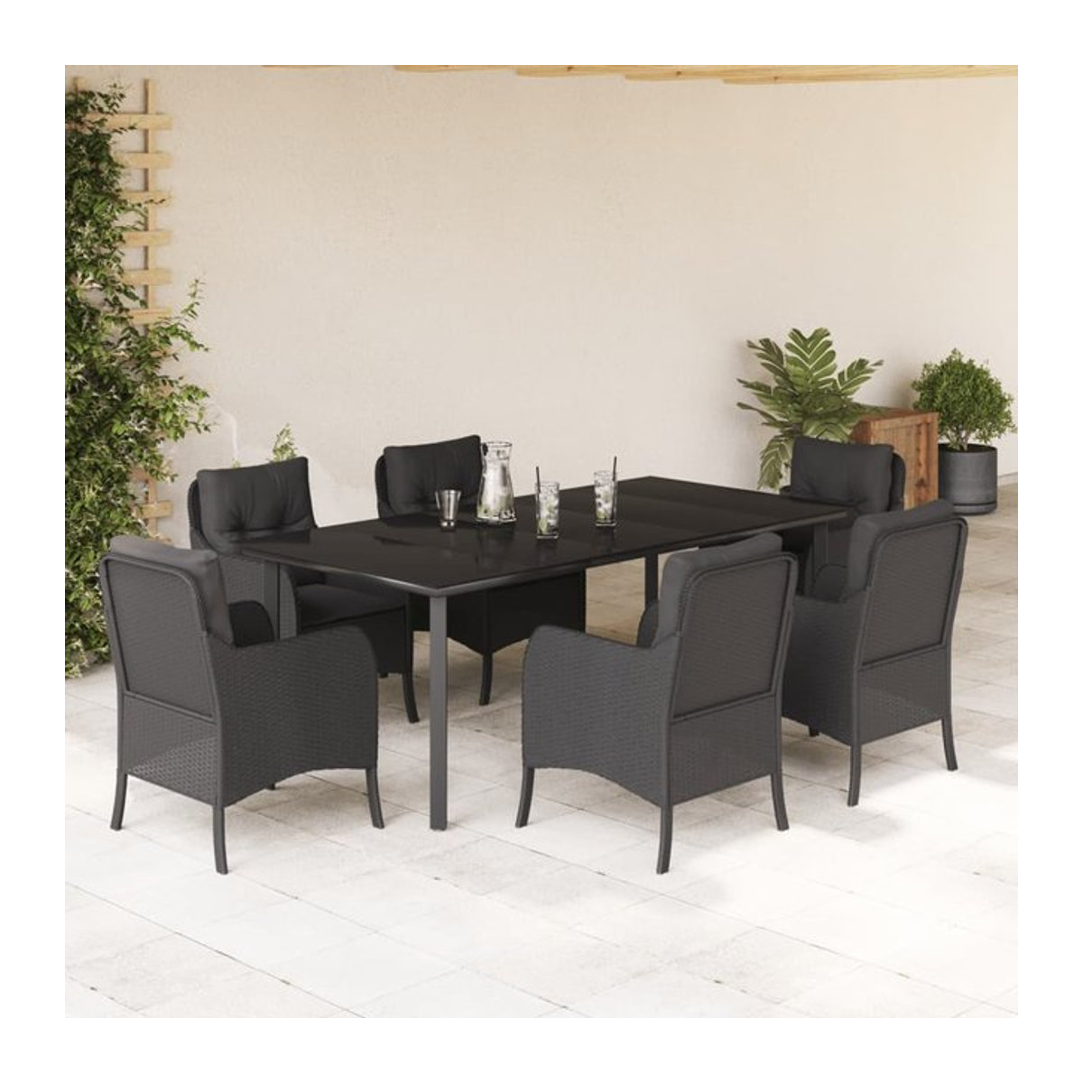 Vidaxl 7-teiliges Gartenmöbel-Set aus Polyrattan mit Kissen in Schwarz - Bild 1