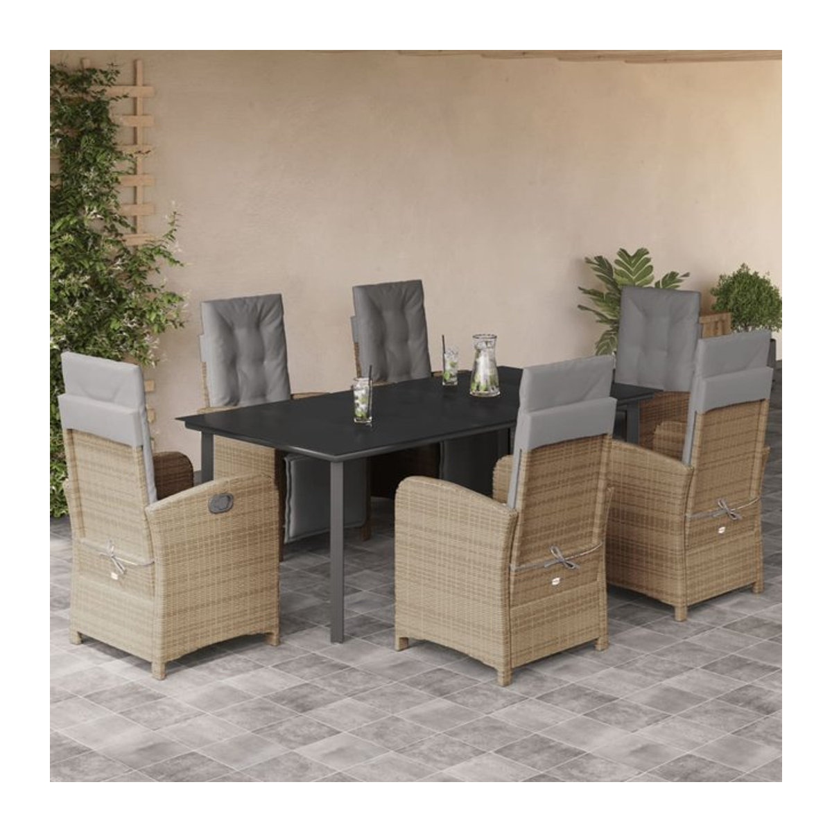 Vidaxl 7-teiliges Gartenmöbel-Set aus Polyrattan mit Kissen und Glas in Beige - Bild 1