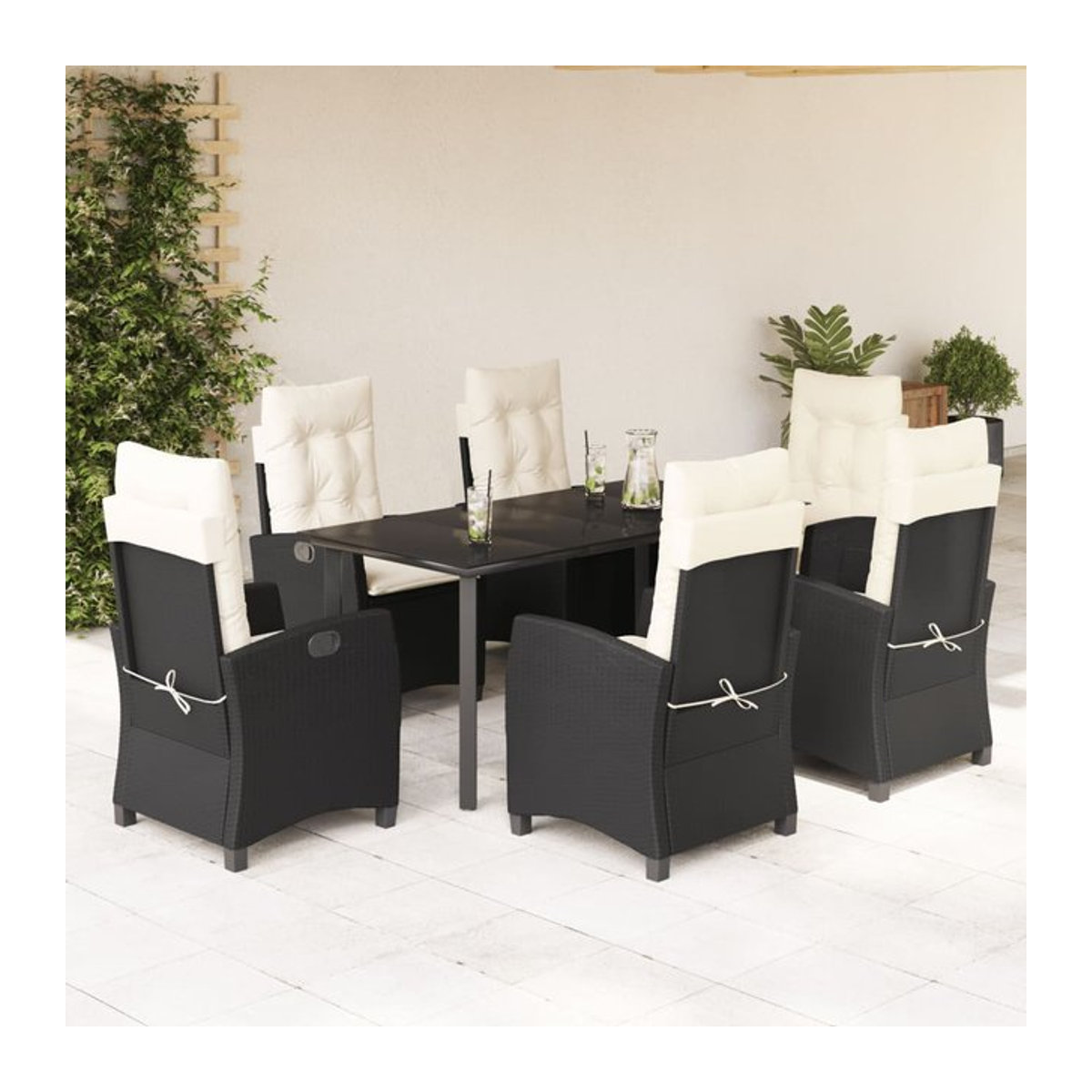 Vidaxl 7-teiliges Gartenmöbel-Set aus Polyrattan mit Kissen und Glas in Schwarz - Bild 1
