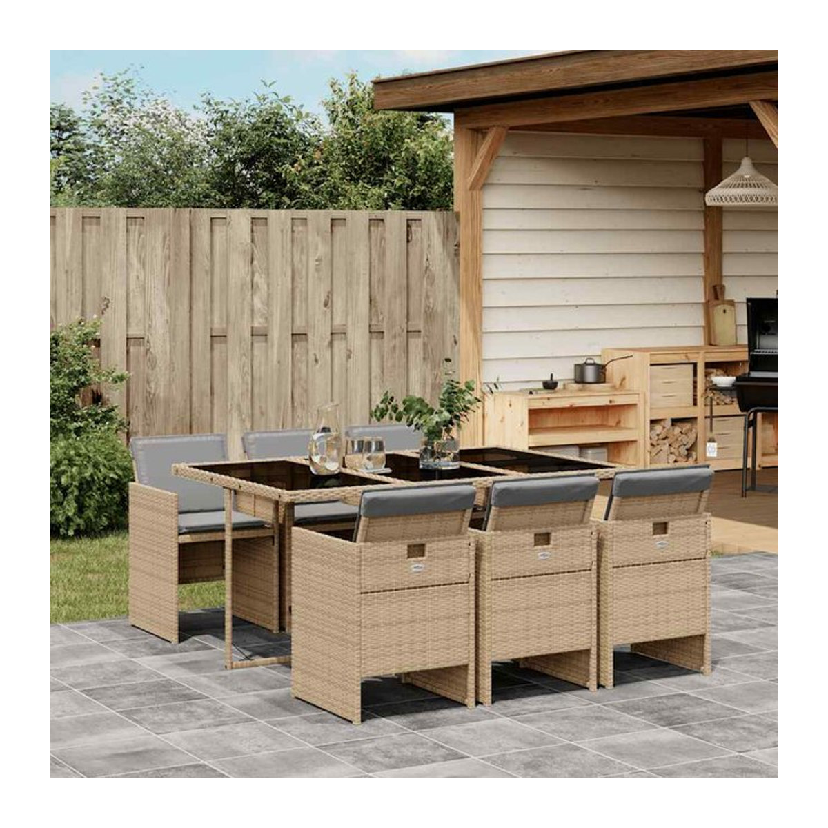 Vidaxl 7-teiliges Gartenmöbel-Set aus Polyrattan mit Kissen und Glastisch in Beige - Bild 1