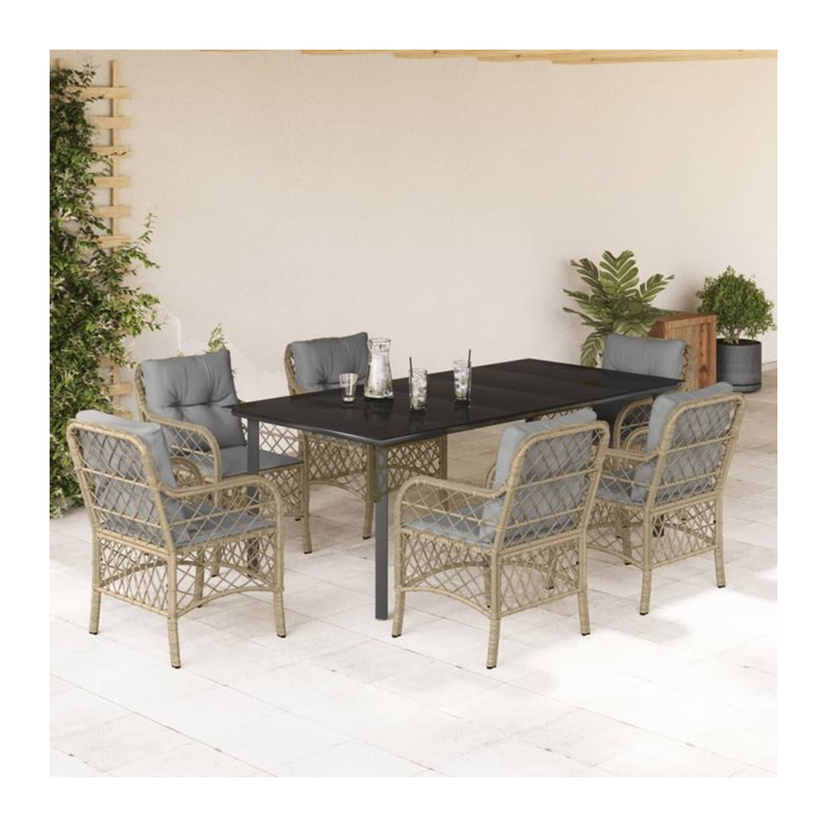 Vidaxl 7-teiliges Gartenmöbel-Set aus Polyrattan mit Kissen und Glastisch in Beige - Bild 1
