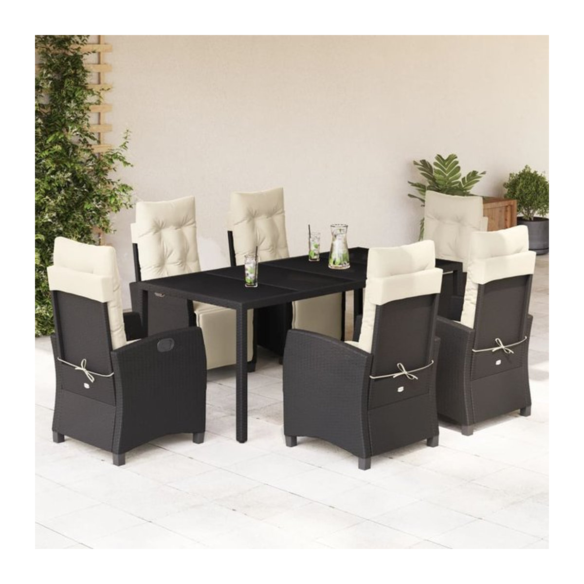 Vidaxl 7-teiliges Gartenmöbel-Set aus Polyrattan mit Kissen und Glastisch in Schwarz - Bild 1