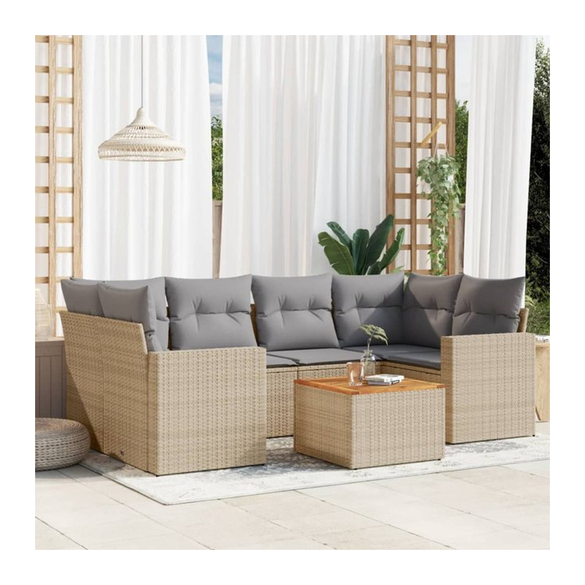Vidaxl 7-teiliges Gartenmöbel-Set aus Rattan und Holz mit Kissen in Beige und Grau - Bild 1