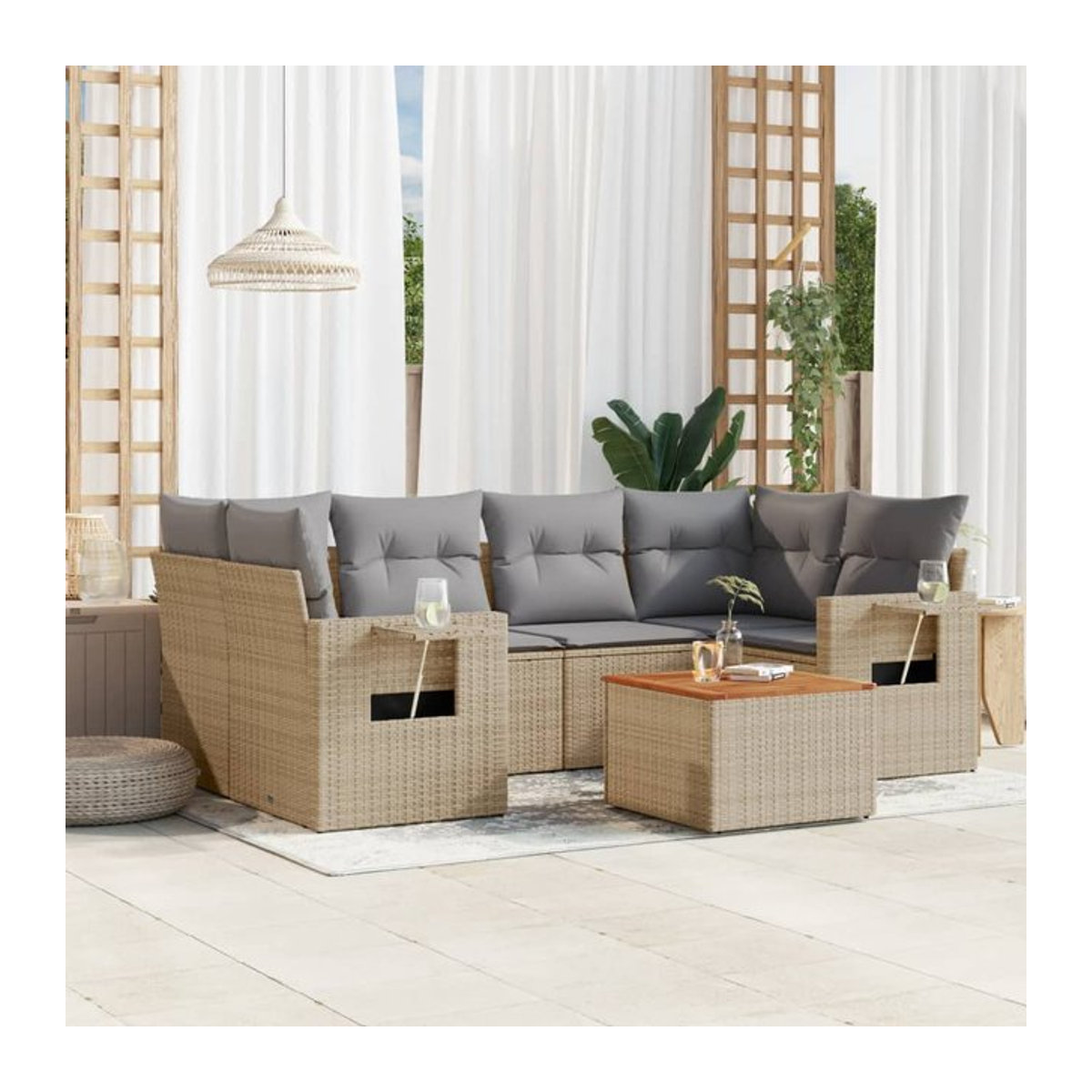 Vidaxl 7-teiliges Gartenmöbel-Set aus Rattan und Holz mit Kissen in Beige und Grau - Bild 1