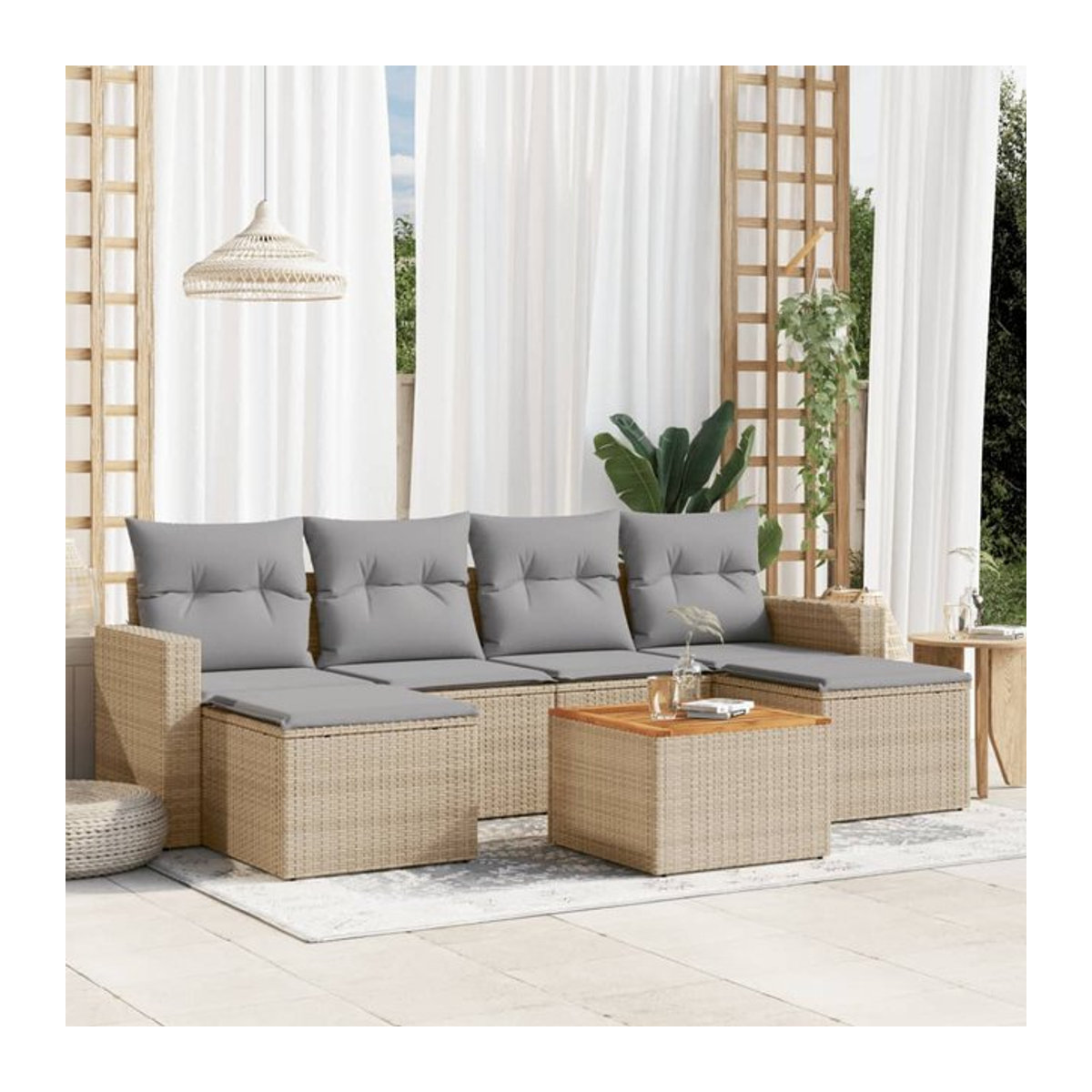 Vidaxl 7-teiliges Gartenmöbel-Set aus Rattan und Holz mit Kissen in Beige und Grau - Bild 1