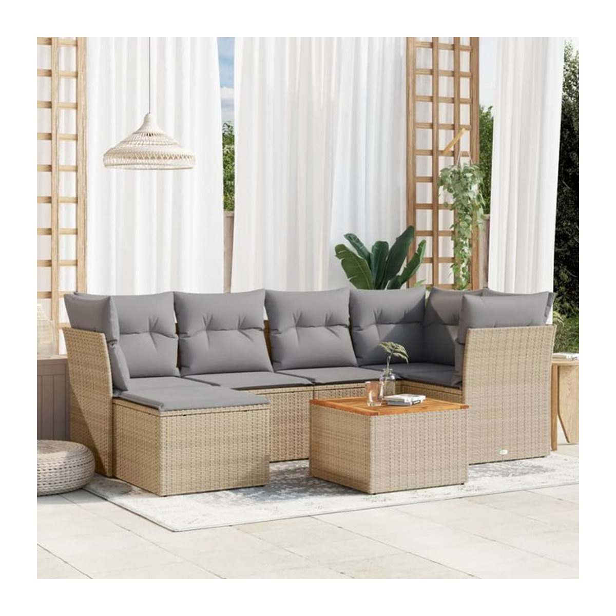 Vidaxl 7-teiliges Gartenmöbel-Set aus Rattan und Holz mit Kissen in Beige und Grau - Bild 1