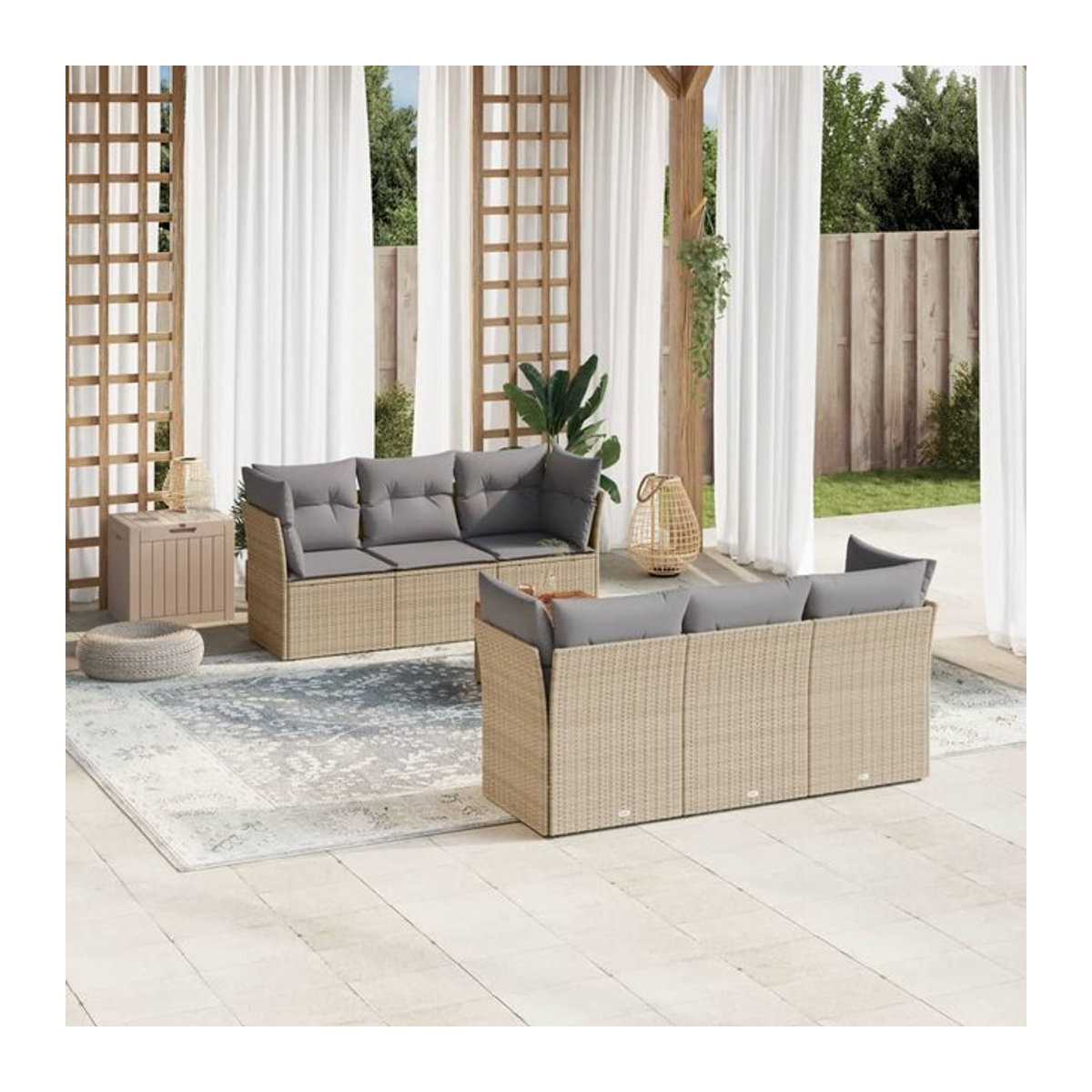 Vidaxl 7-teiliges Gartenmöbel-Set aus Rattan und Holz mit Kissen in Beige und Grau im modernen Design - Bild 1