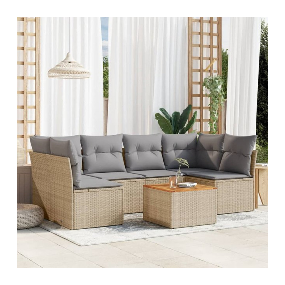 Vidaxl 7-teiliges Gartenmöbel-Set aus Rattan und Holz mit Kissen in Beige und Grau im modernen Design - Bild 1