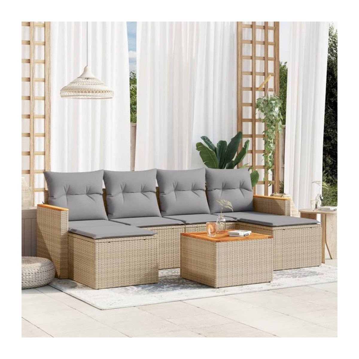 Vidaxl 7-teiliges Gartenmöbel-Set mit Kissen in Beige aus Rattan und Metall - Bild 1