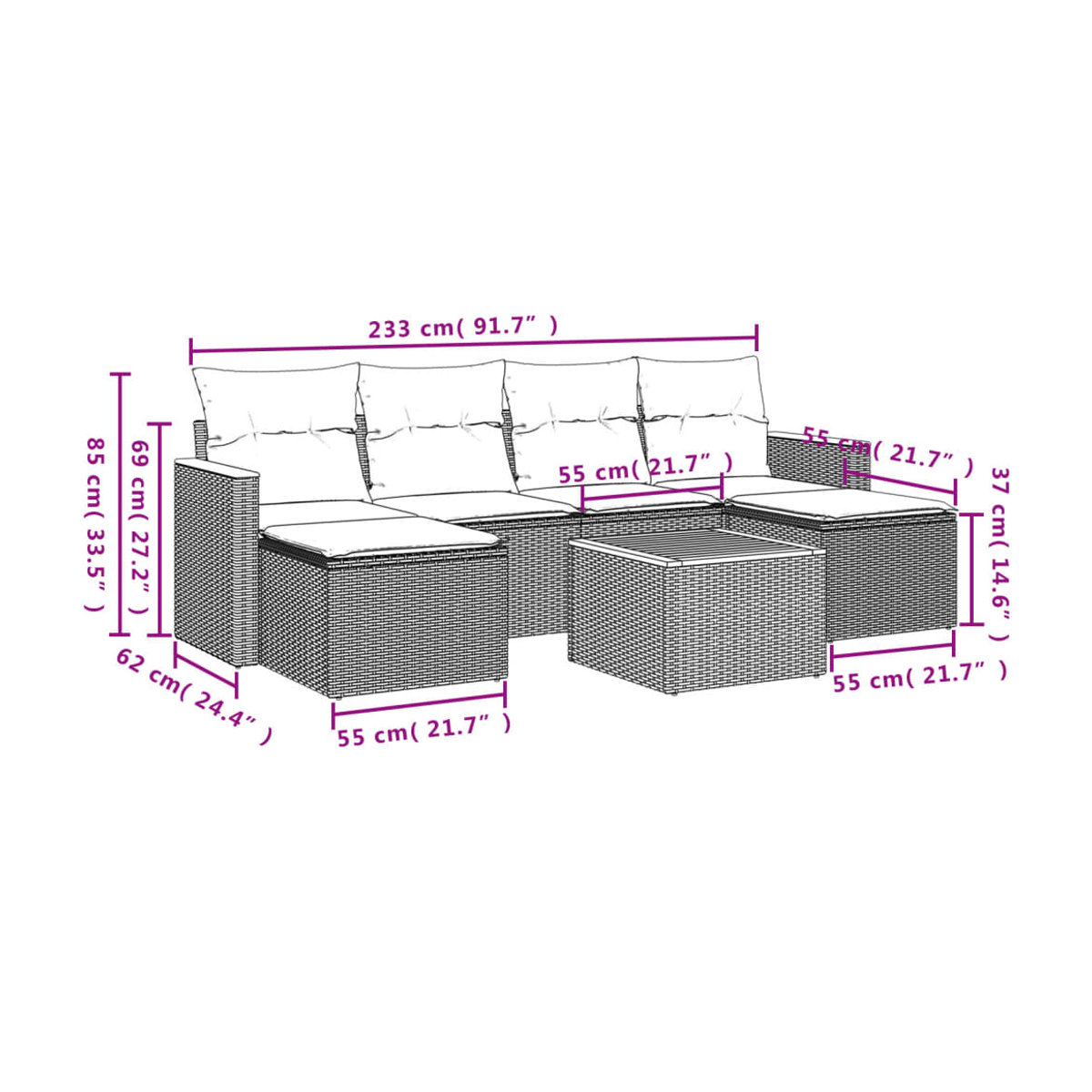Vidaxl 7-teiliges Gartenmöbel-Set mit Kissen in Beige aus Rattan und Metall - Bild 4