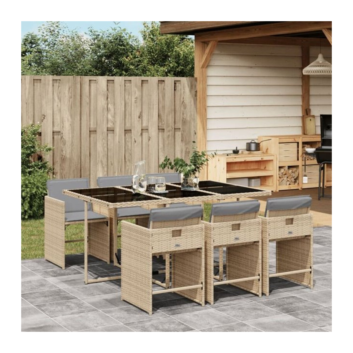 Vidaxl 7-tlg. Garten-Essgruppe aus Polyrattan mit Kissen in Beige, Schwarz und Grau - Bild 1