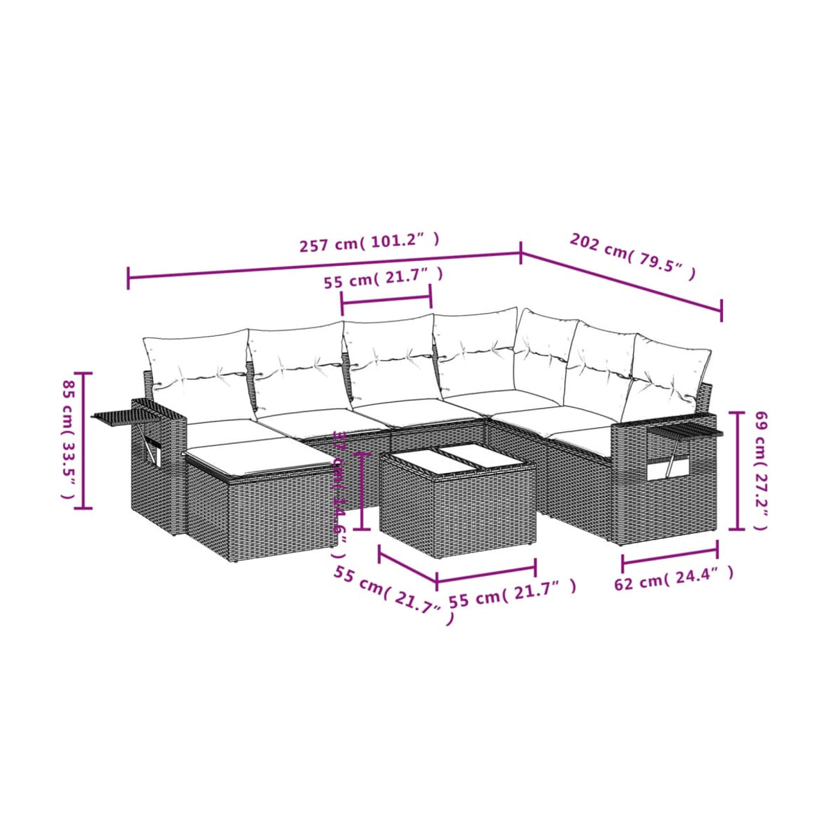 Vidaxl 8-teiliges Gartenmöbel-Set aus Polyrattan mit Kissen in Beige - Bild 2