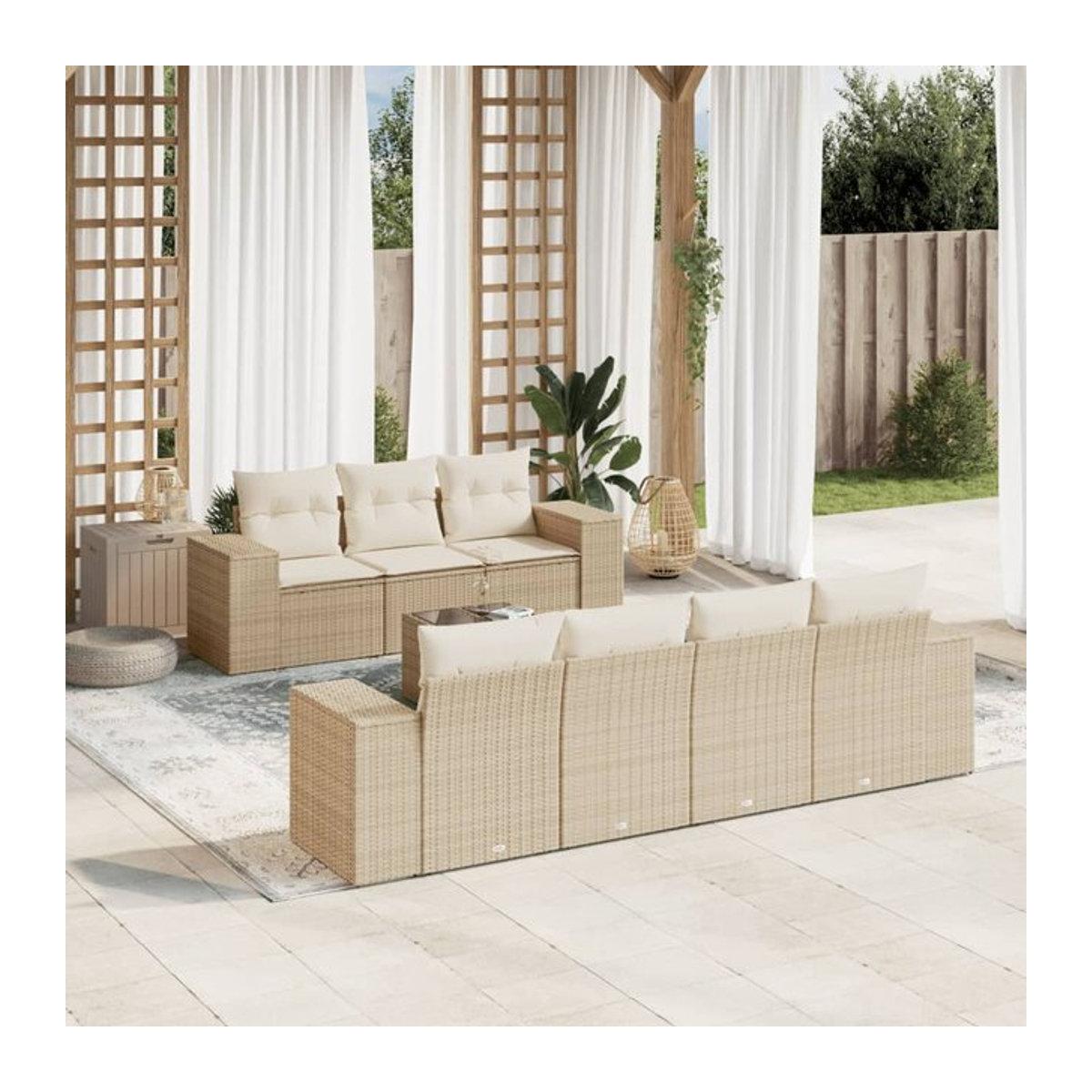 Vidaxl 8-teiliges Gartenmöbel-Set aus Polyrattan mit Kissen und Glastisch in Beige - Bild 1