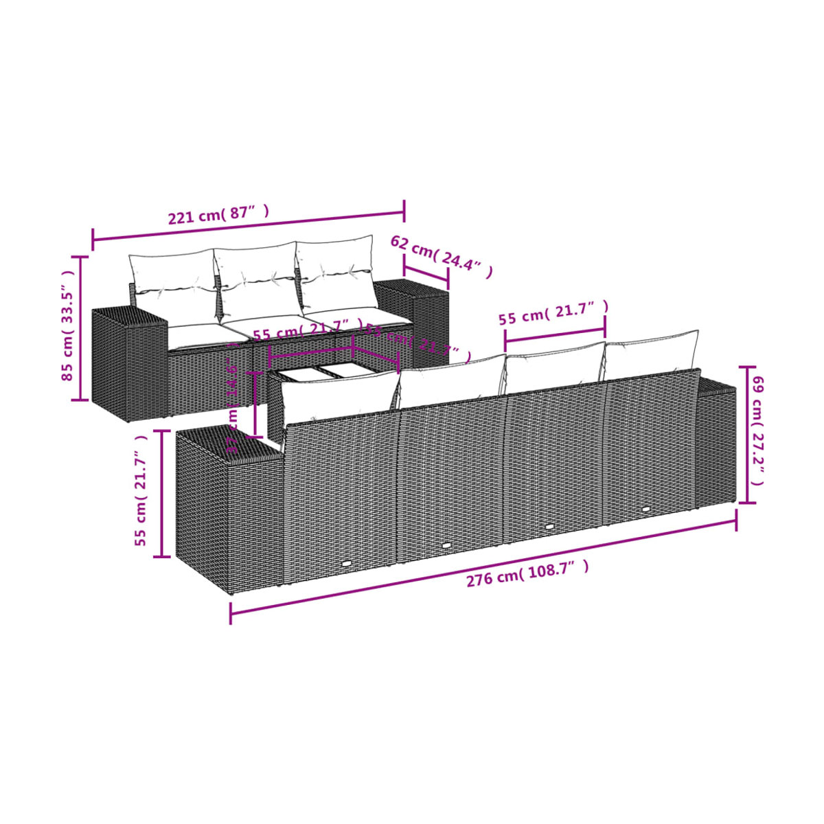 Vidaxl 8-teiliges Gartenmöbel-Set aus Polyrattan mit Kissen und Glastisch in Beige - Bild 2