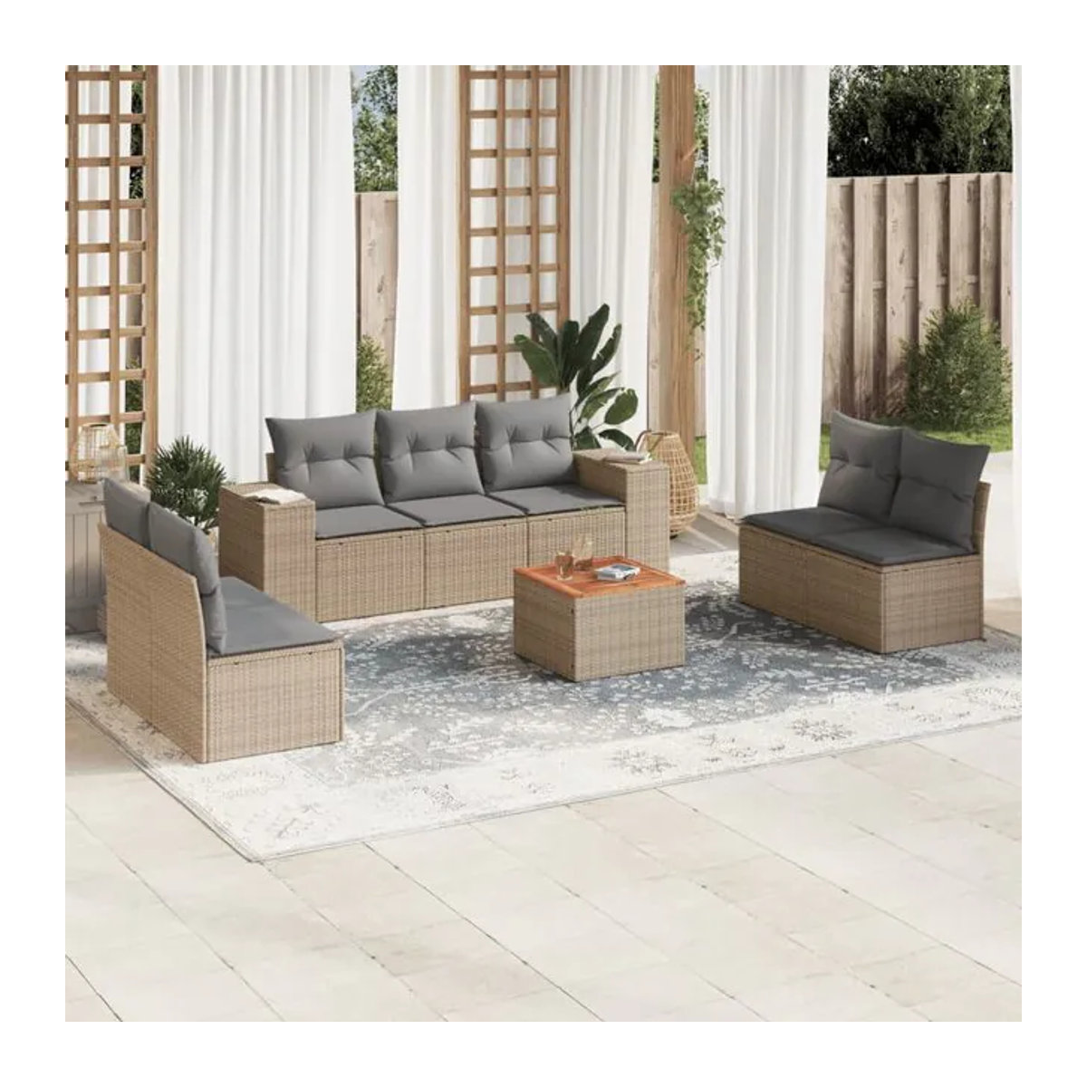 Vidaxl 8-teiliges Gartenmöbel-Set aus Polyrattan und Akazie mit Kissen, Beige - Bild 1