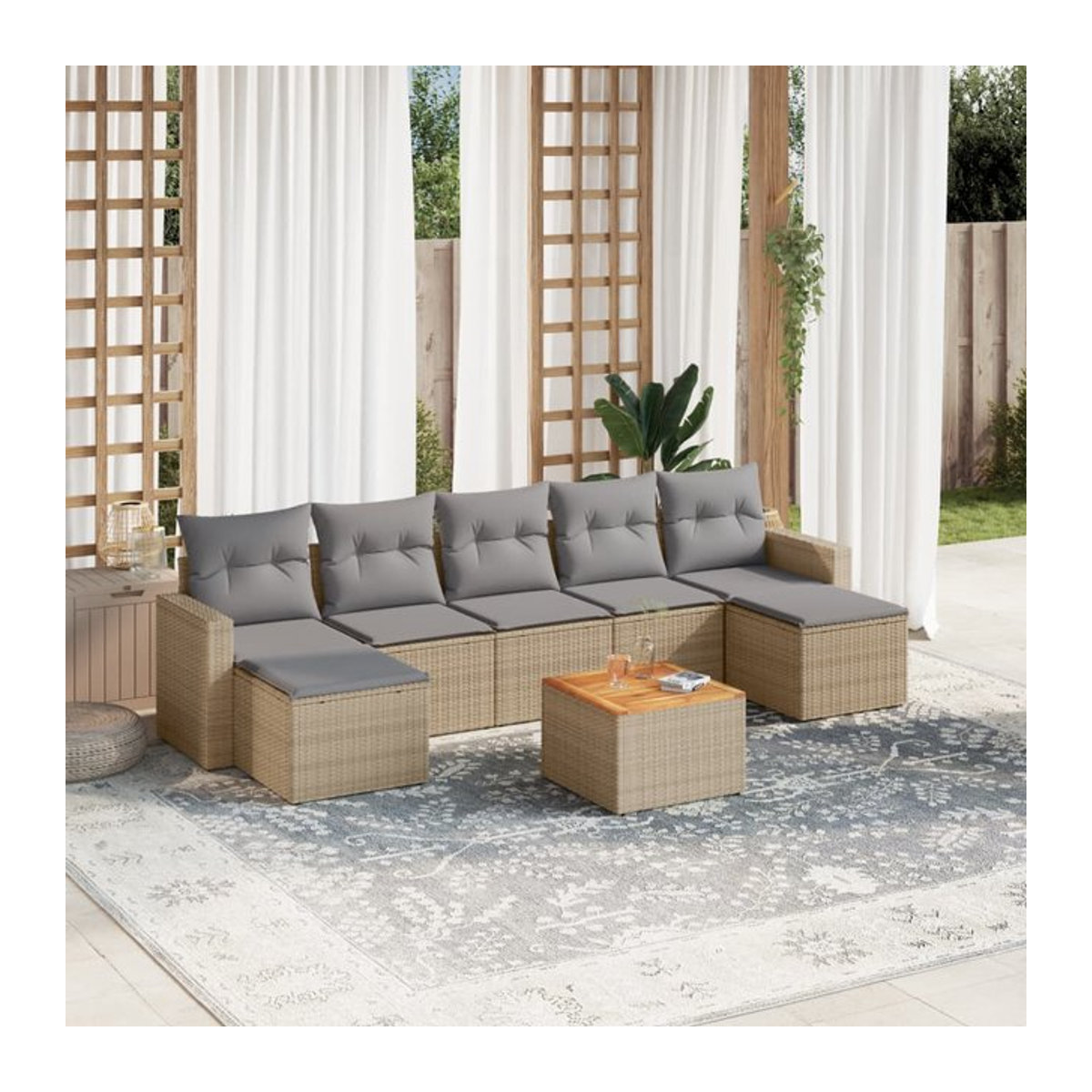 Vidaxl 8-teiliges Gartenmöbel-Set aus Polyrattan und Akazie mit Kissen in Beige - Bild 1