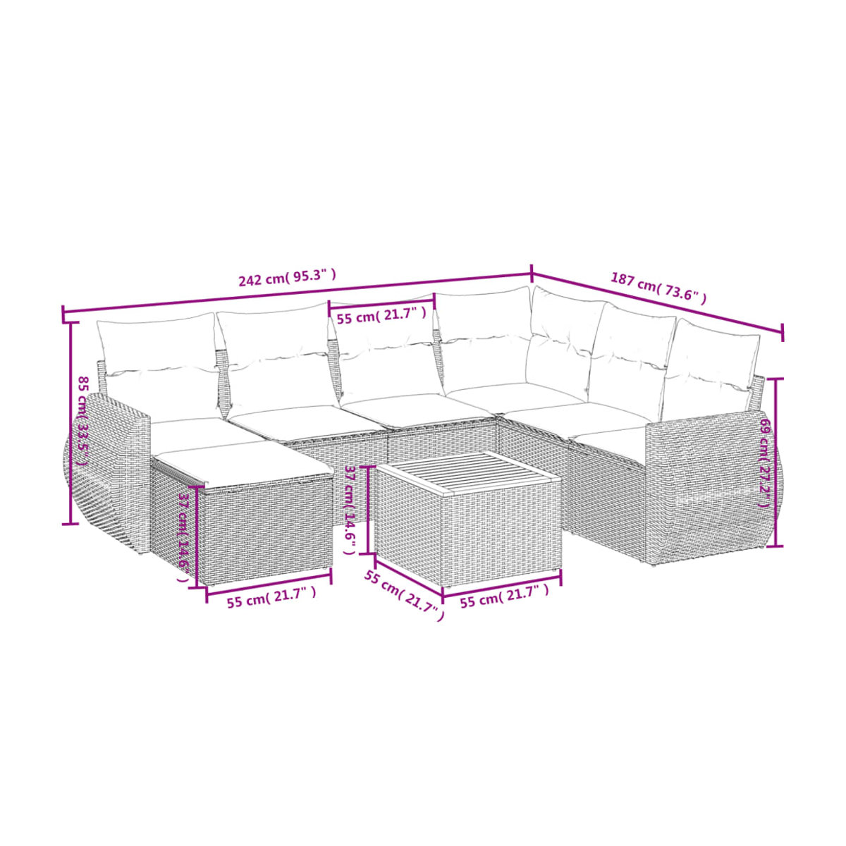 Vidaxl 8-teiliges Gartenmöbel-Set aus Polyrattan und Akazie mit Kissen in Beige - Bild 2