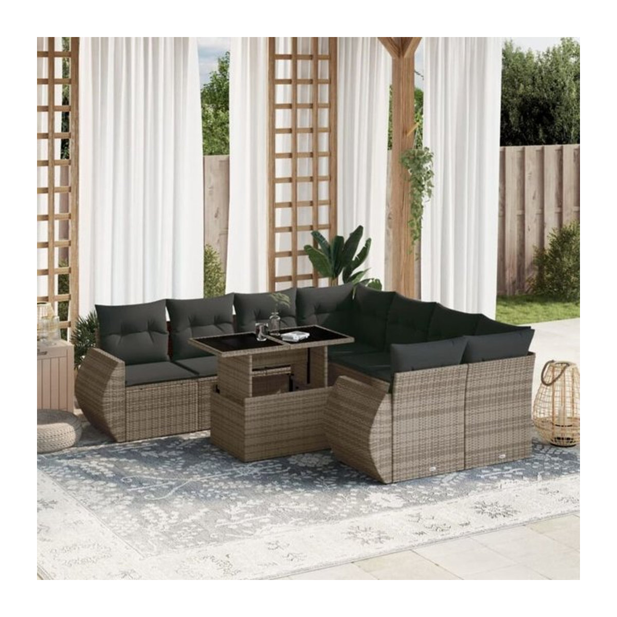 Vidaxl 9-teilige moderne Garten-Sofagarnitur aus Polyrattan in Grau mit Kissen und Glastisch - Bild 1