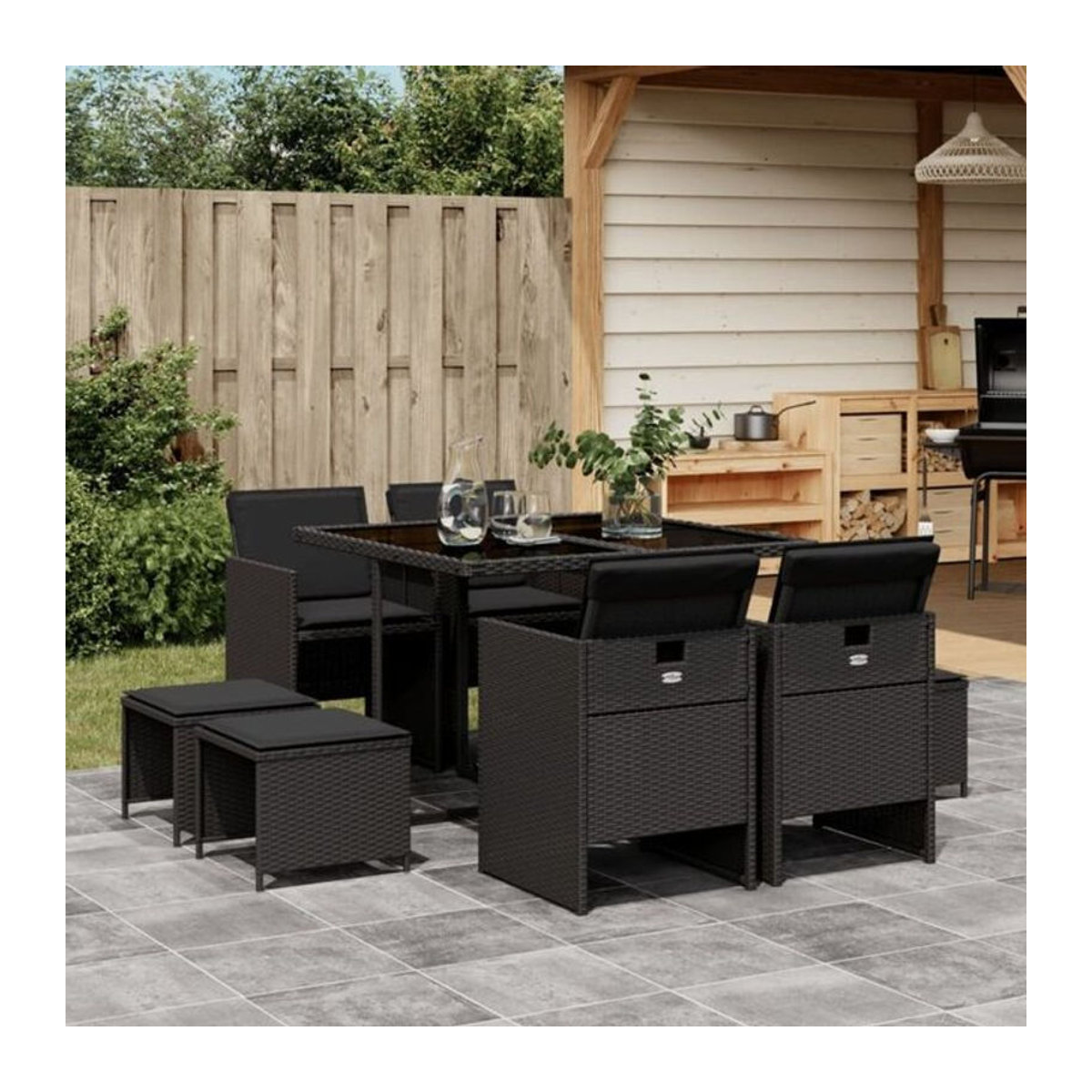 Vidaxl 9-teiliges Gartenmöbel-Set aus Polyrattan mit Kissen in Schwarz - Bild 1