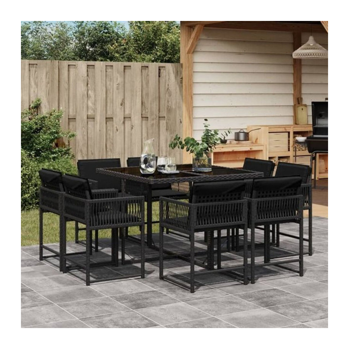 Vidaxl 9-teiliges Gartenmöbel-Set aus Polyrattan mit Kissen in Schwarz - Bild 1
