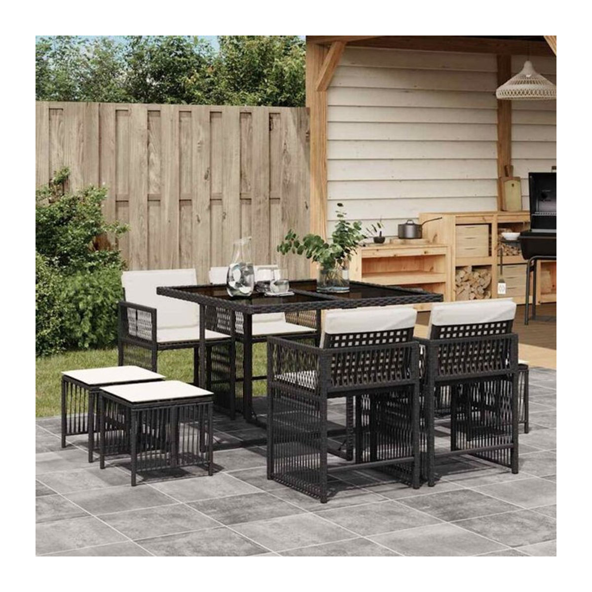 Vidaxl 9-teiliges Gartenmöbel-Set aus Polyrattan mit Kissen in Schwarz - Bild 1