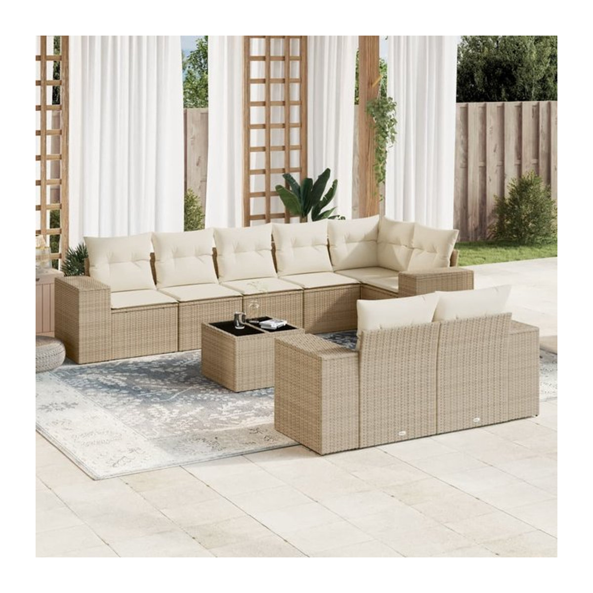 Vidaxl 9-teiliges Gartenmöbel-Set aus Polyrattan mit Kissen und Glastisch in Beige - Bild 1