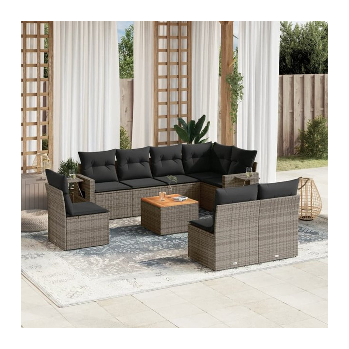 Vidaxl 9-teiliges Gartenmöbel-Set aus Polyrattan und Akazie mit Kissen in Grau - Bild 1
