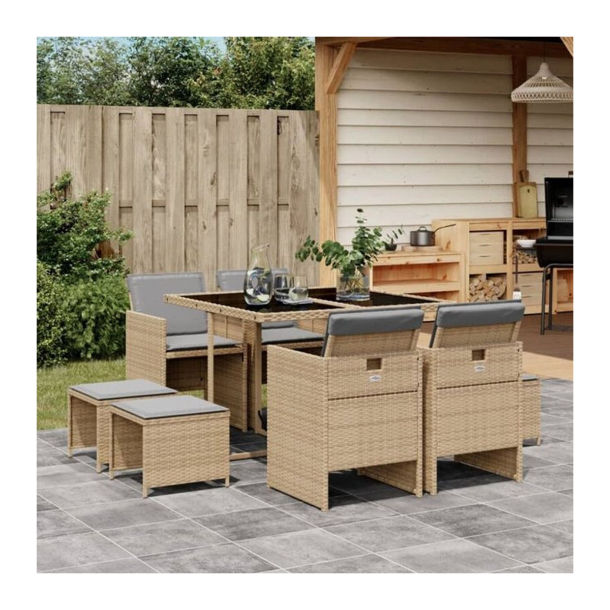 Vidaxl 9-tlg. Garten-Essgruppe aus Polyrattan mit Kissen in Beige und Glastisch - Bild 1