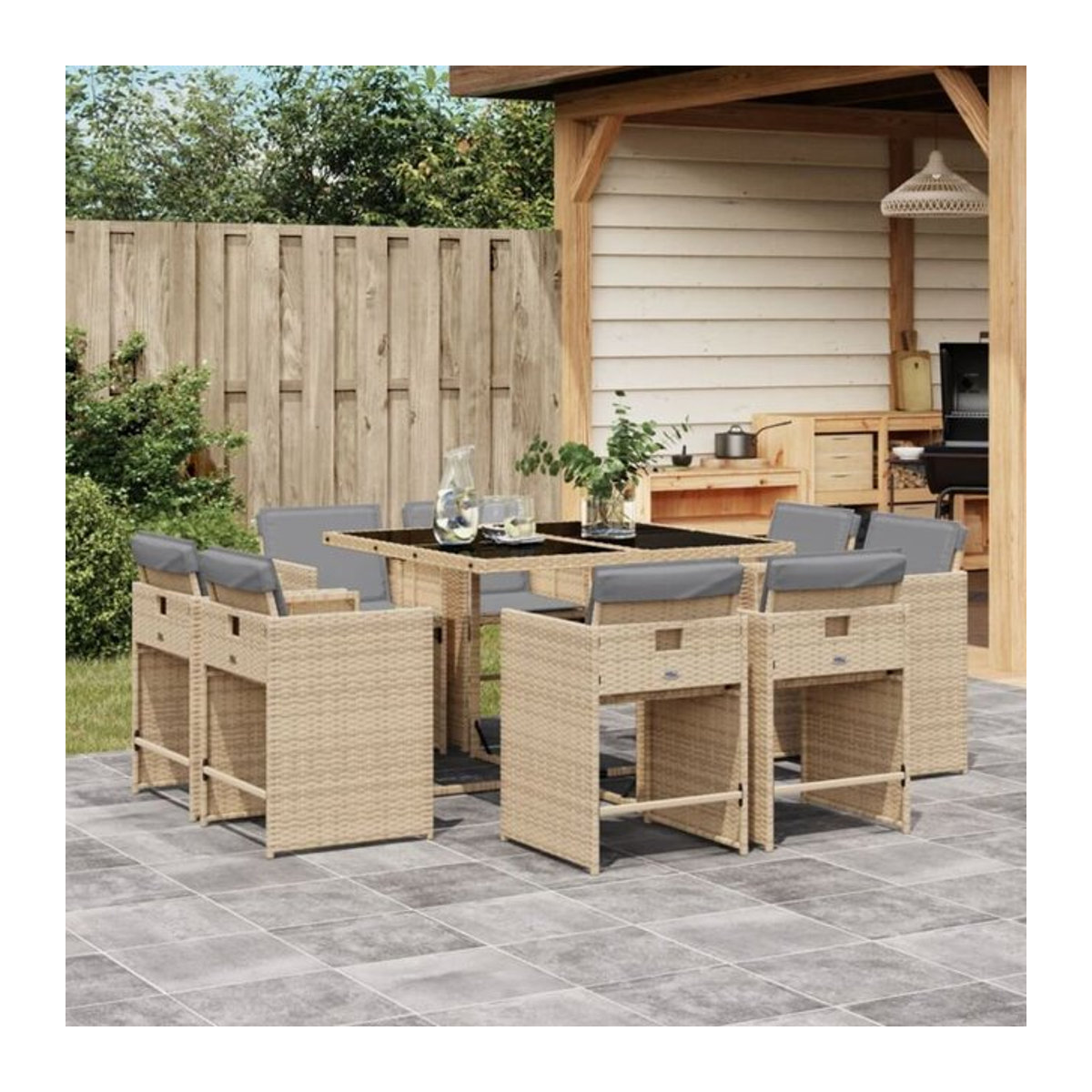 Vidaxl 9-tlg. Gartenmöbel-Set aus Polyrattan mit Kissen in Beige und Glasplatte - Bild 1