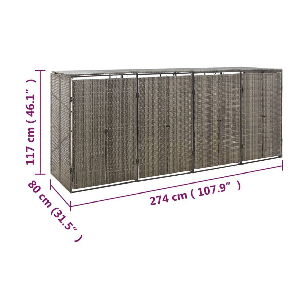 Vidaxl Abdeckung für 4 Mülltonnen aus Polyrattan, Grau, B/T/H: 274 x 80 x 117 cm - Bild 5