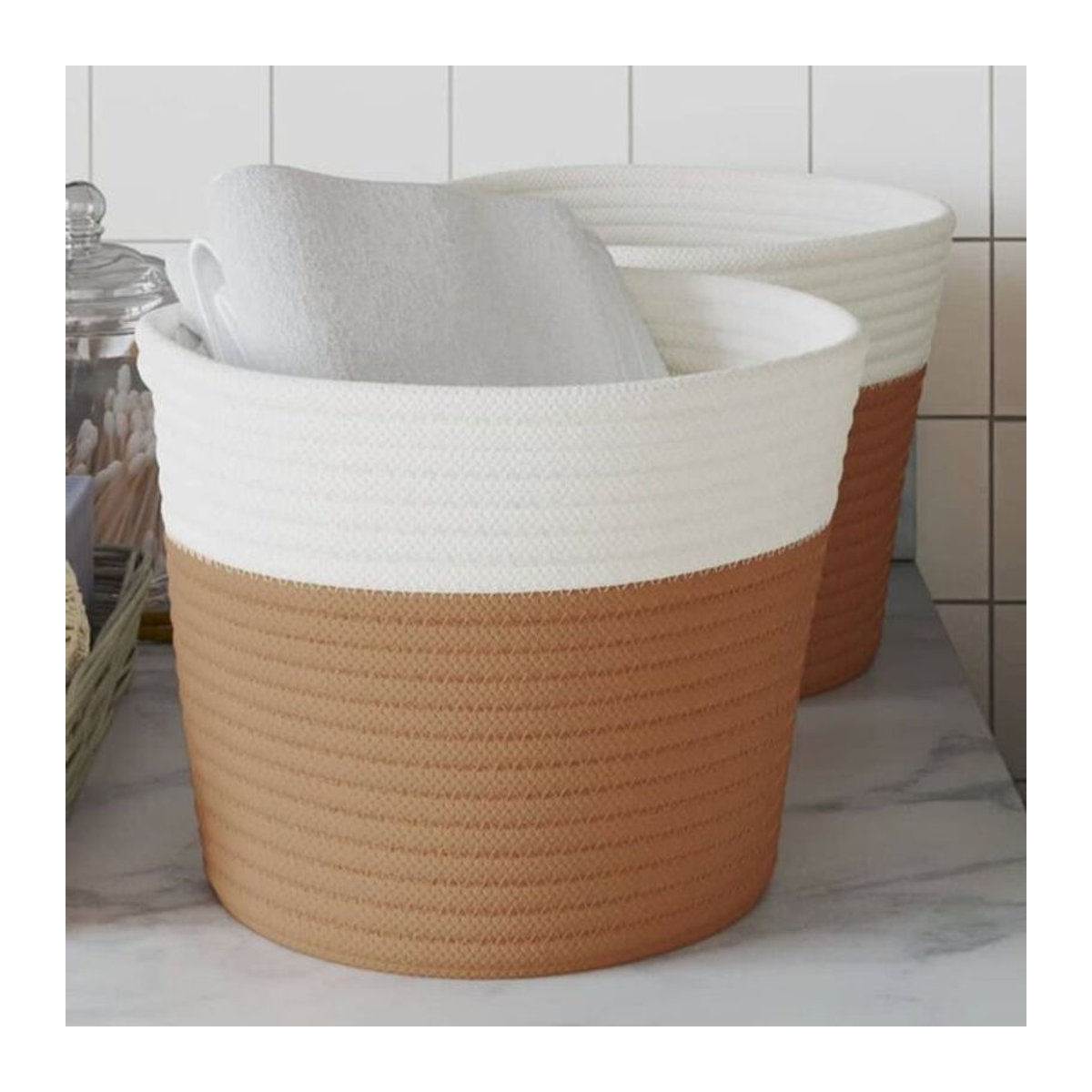 vidaxl Aufbewahrungskörbe aus Baumwolle 2er-Set, rund, braun und weiß, Durchmesser: 24 cm, Höhe: 18 cm - Bild 1