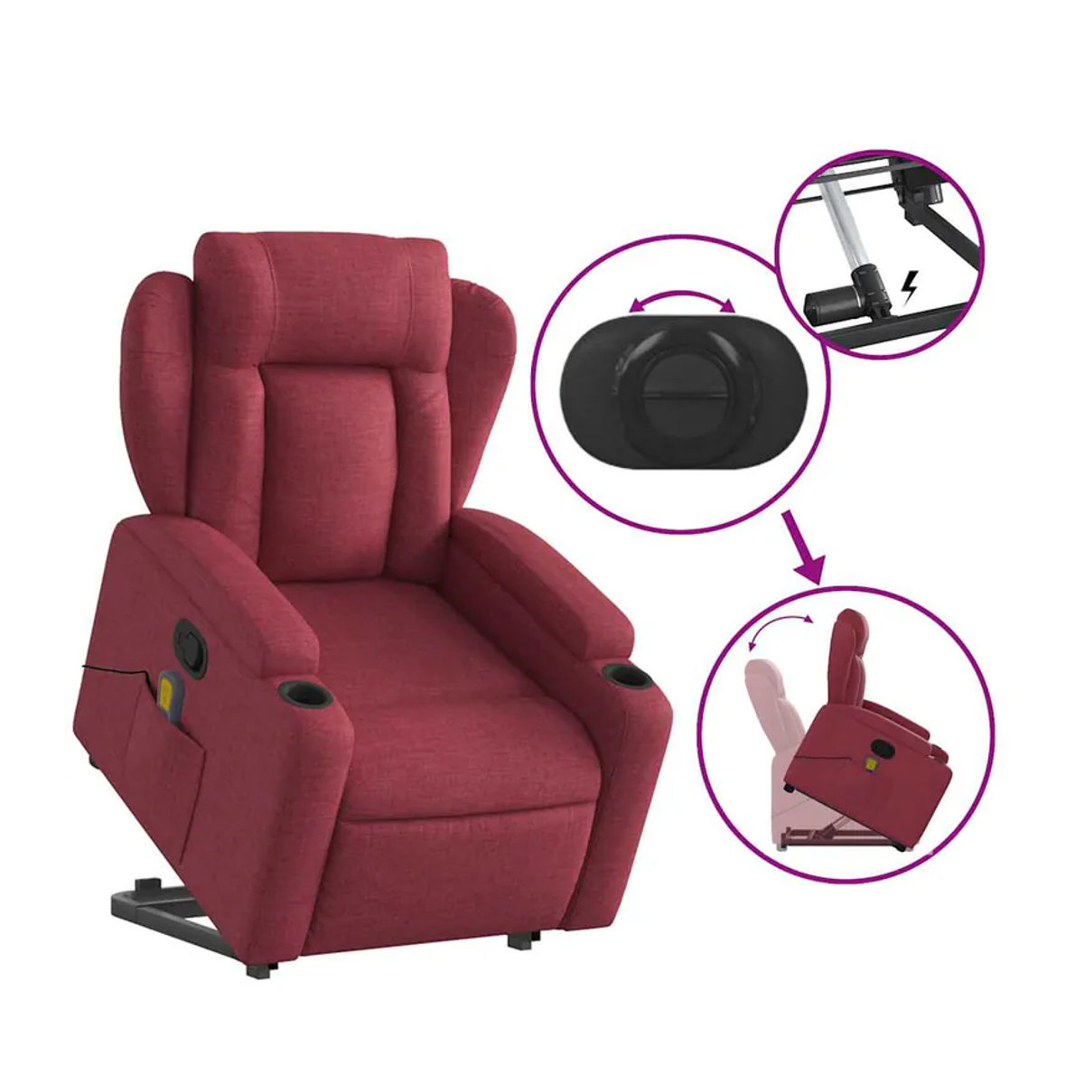 vidaxl Aufstehhilfe Massagesessel für Senioren, verstellbar, Rot, Stoffbezogen - Bild 2