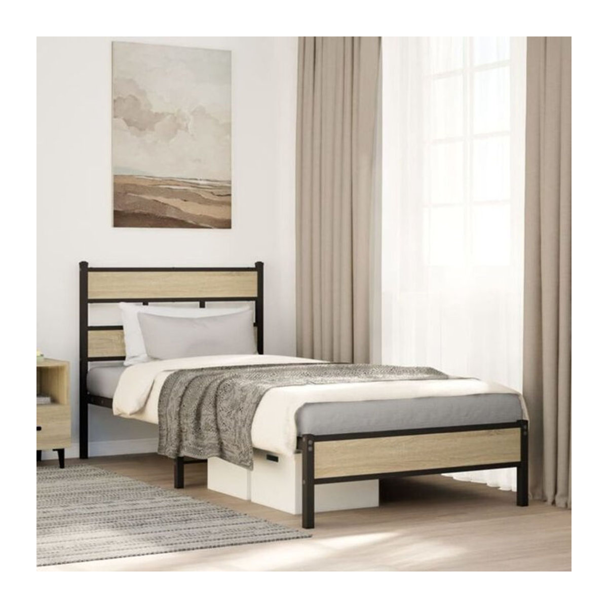 Vidaxl Bettgestell aus Holzwerkstoff und Stahl in Sonoma-Eiche Natur im Industrial-Design, B/T/H: 75 x 190 x 80 cm - Bild 1