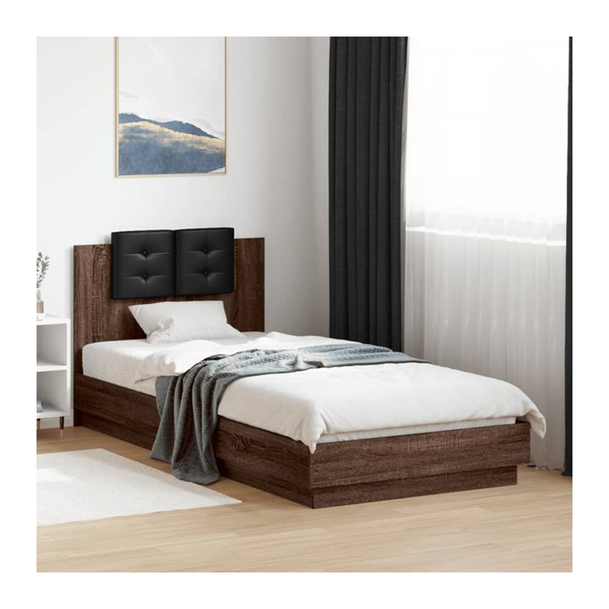 Vidaxl Bettgestell mit Kopfteil und LED in Brauneiche, Modernes Design, B/T/H: 100 x 200 cm - Bild 1