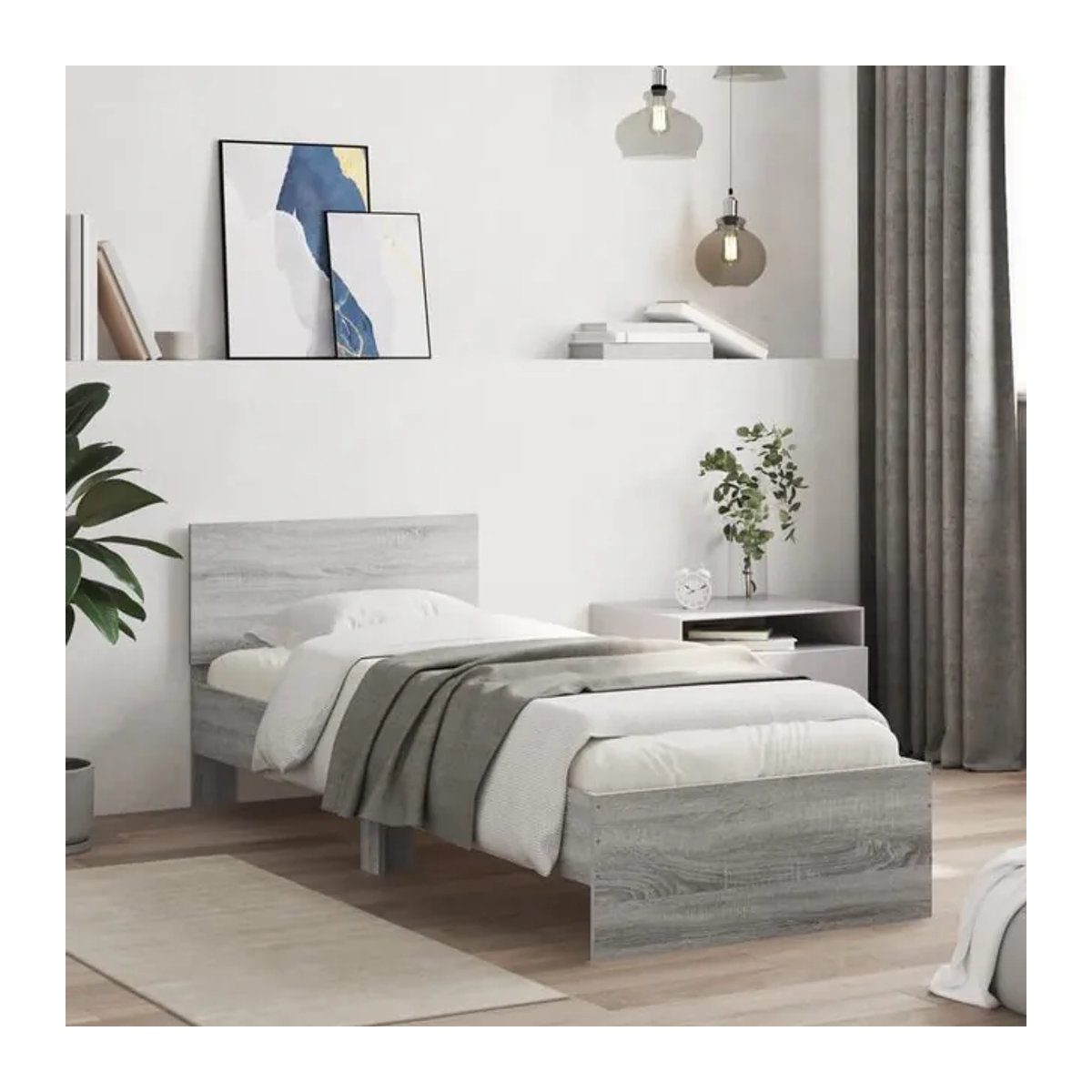 Vidaxl Bettrahmen mit Kopfteil in Grau, Modernes Einzelbett aus Holzwerkstoff, B: 90 cm, L: 190 cm - Bild 1