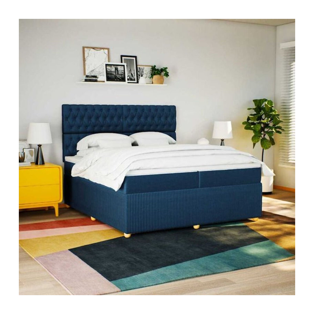 Vidaxl Boxspringbett mit Matratze in Blau und Weiß aus Stoff, Modernes Design, B/T/H: 200 x 200 x 140,5 cm - Bild 1