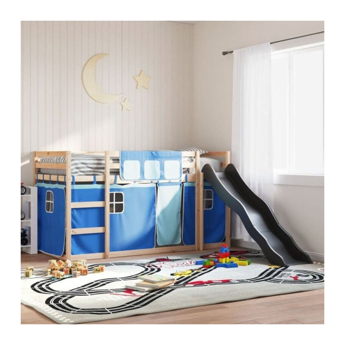 Vidaxl Etagenbett mit Rutsche und Gardinen aus Kiefer Holz in Blau, B/T/H: 200 x 80 x 113 cm - Bild 1