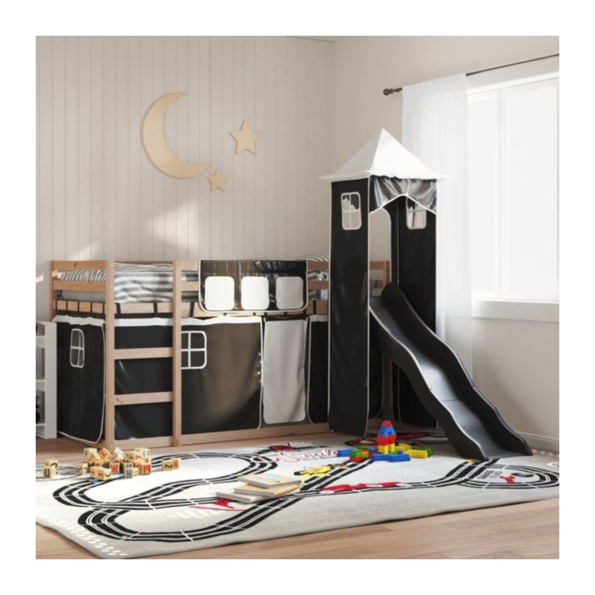 Vidaxl Etagenbett mit Rutsche und Gardinen in Weiß und Schwarz, B/T/H: 200 x 80 x 113 cm - Bild 1