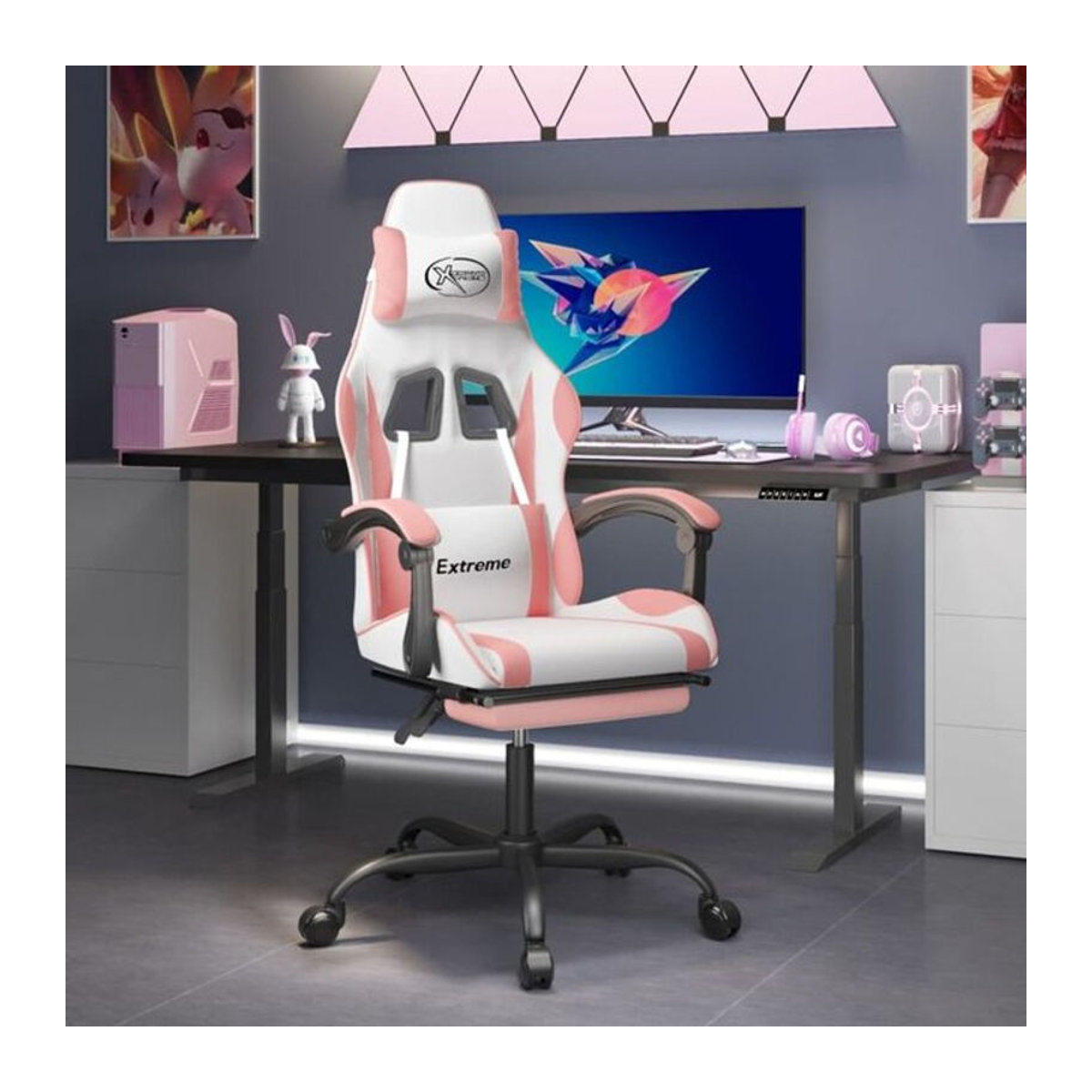 Vidaxl Gamingstuhl mit Fußstütze aus Kunstleder in Weiß und Rosa - Bild 1