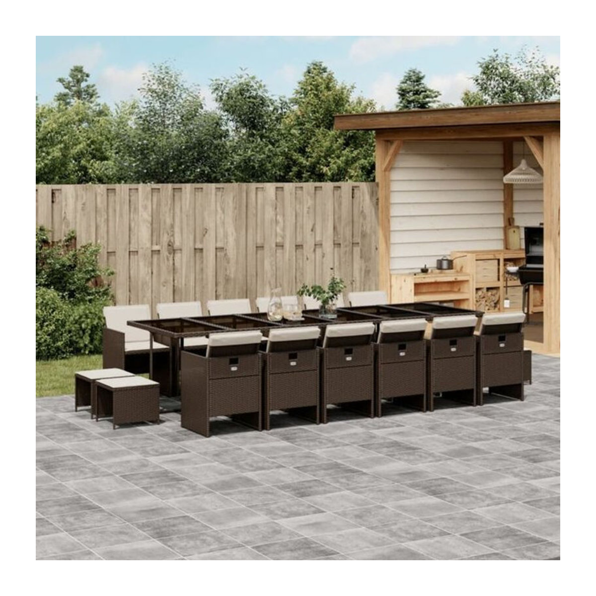 Vidaxl Garten-Essgruppe aus Polyrattan mit Kissen, 17-teiliges Gartenmöbel-Set, Braun - Bild 1