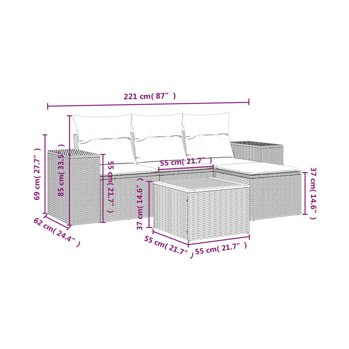 Vidaxl Garten-Sitzgruppe aus grauem PE-Rattan mit 5 Plätzen und Kissen im modernen Design - Bild 2