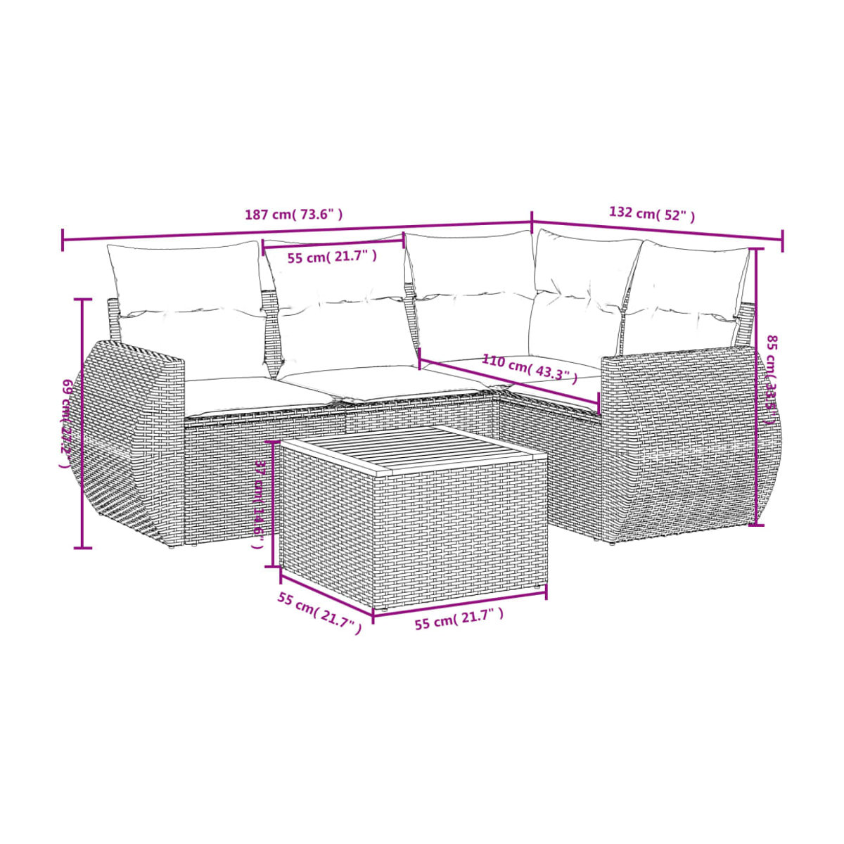 Vidaxl Garten-Sitzgruppe aus grauem PE-Rattan mit 5 Teilen und Kissen im modernen Design - Bild 3