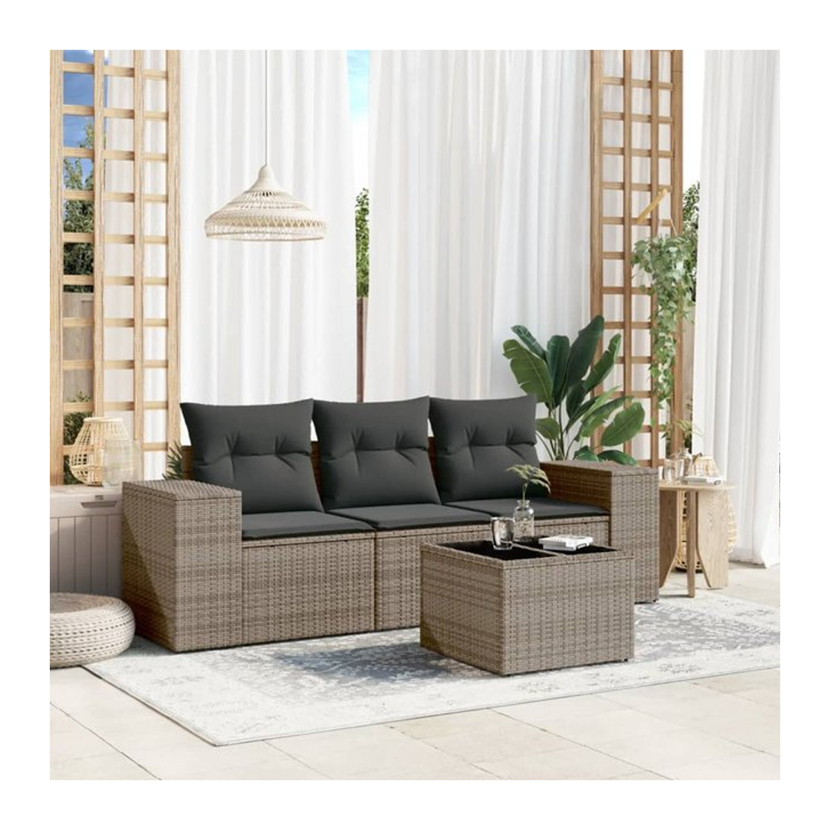 Vidaxl Garten-Sitzgruppe aus Rattan mit Kissen und Glastisch in Grau - Bild 1
