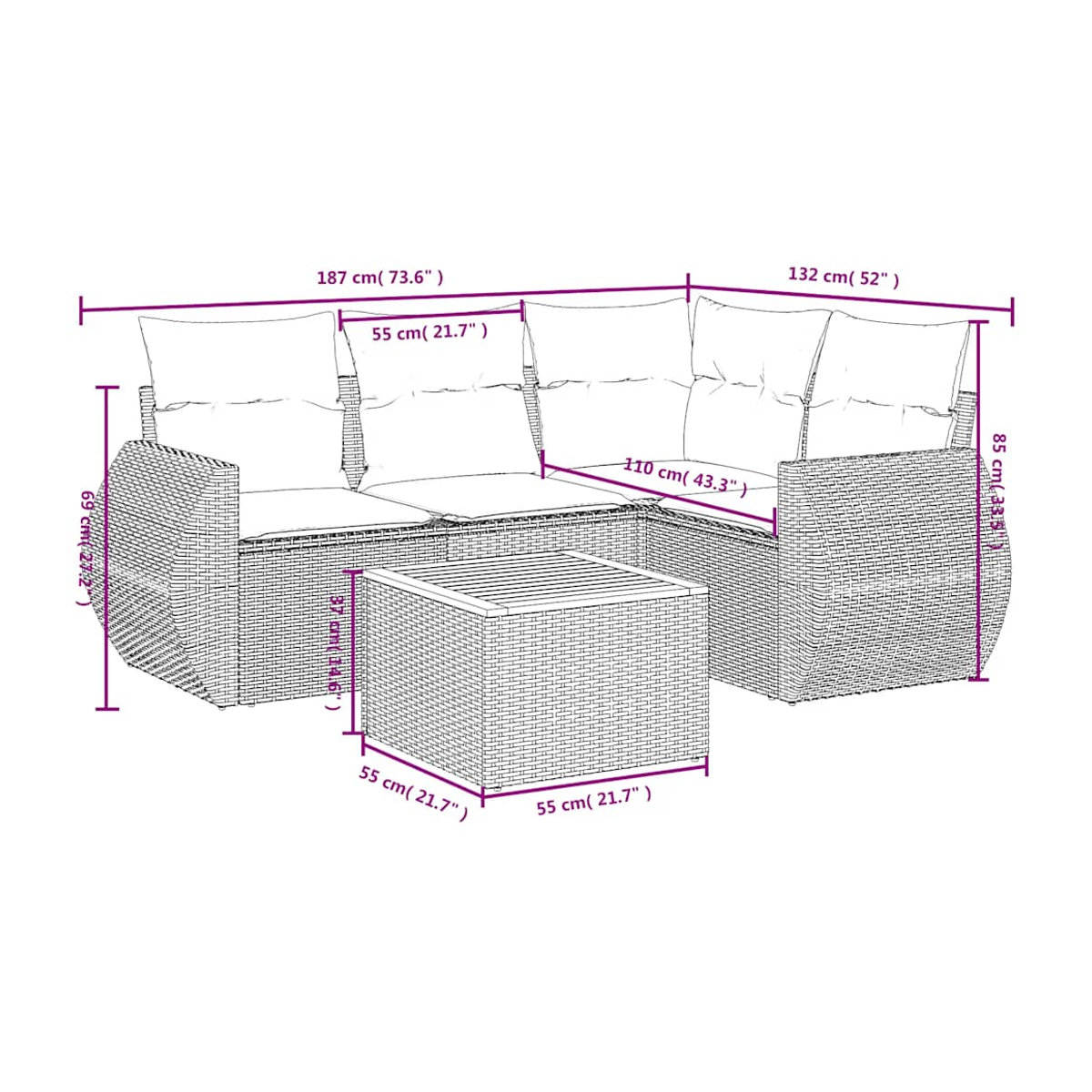 Vidaxl Garten-Sitzgruppe aus schwarzem PE-Rattan mit 5 Teilen und Kissen im modernen Design - Bild 2