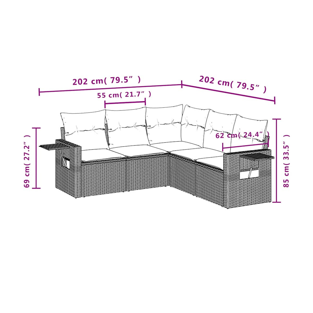 Vidaxl Garten-Sitzgruppe aus schwarzem PE-Rattan mit 5 Teilen und Kissen im modernen Design - Bild 3