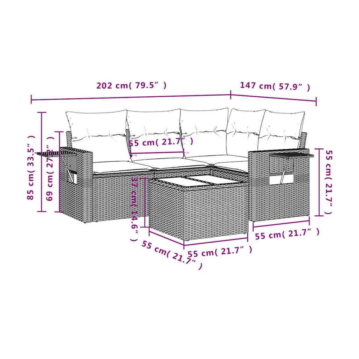 Vidaxl Garten-Sitzgruppe aus schwarzem PE-Rattan mit 5 Teilen und Kissen im modernen Design - Bild 3