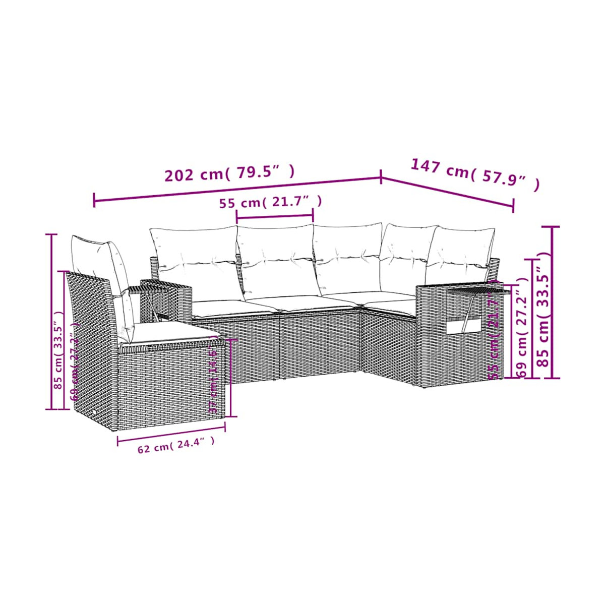 Vidaxl Garten-Sitzgruppe aus schwarzem PE-Rattan mit 5 Teilen und Kissen im modernen Design - Bild 3