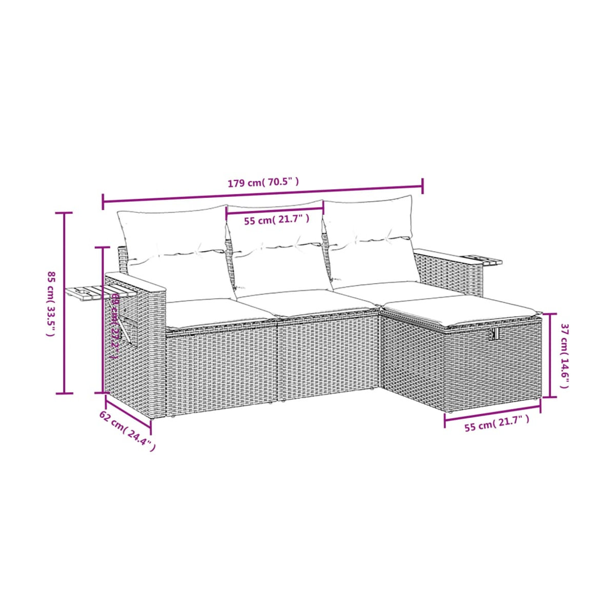 Vidaxl Garten-Sitzgruppe aus schwarzem PE-Rattan mit Kissen für Erwachsene, modern und stabil - Bild 4