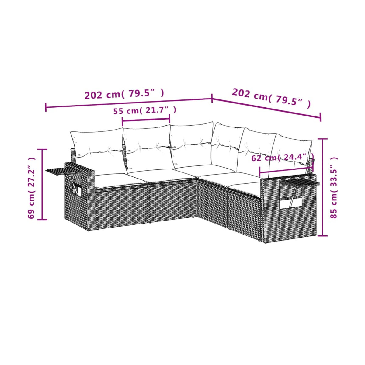 Vidaxl Garten-Sitzgruppe aus schwarzem PE-Rattan mit Kissen in Beige, 5-teiliges modernes Set - Bild 3