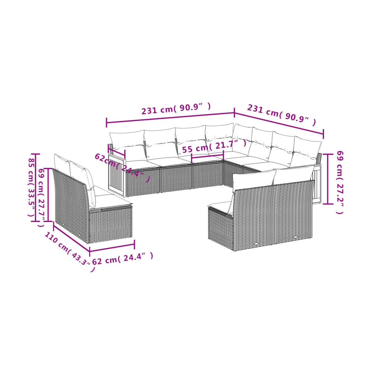 Vidaxl Garten-Sitzgruppe aus schwarzem Rattan mit beigen Kissen für Erwachsene im modernen Design - Bild 3